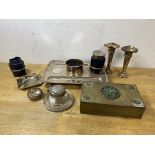 A mixed lot including a Chinese cigarette box with brass exterior and pierced green stone