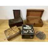 A 19thc mahogany tea caddy, lid a/f, measures 9cm x 17cm x 9cm, a later mahogany box, a jewellery