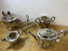 A group of Epns including toast rack, measures 16cm high, two teapots, a sugar bowl and milk jug (