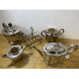 A group of Epns including toast rack, measures 16cm high, two teapots, a sugar bowl and milk jug (