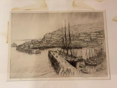 Cornish School, Harbour Town with figures and boats, etching, signed bottom right, measures 27cm x