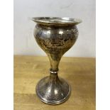 A 1930's Birmingham silver vase of tulip form with wooden base, measures 15cm high, weighs 166