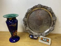 A mixed lot including a Maling vase, measures 18cm high, an Epns circular tray, thimble and an