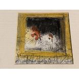 Selma T (?), hen and cockerel sleeping, pastel, framed, paper label verso, measures 12cm x 12cm,