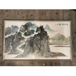 A Chinese Republic period landscape depicting buildings on a mountain by a river, watercolour,