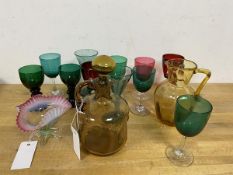 A 1950's / 60's amber glass cruet, measures 21cm high, and amber glass water jug, sherry glasses,