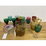 A 1950's / 60's amber glass cruet, measures 21cm high, and amber glass water jug, sherry glasses,