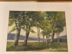 Dr Hood (?), View of Loch through trees, watercolour, inscription verso, measures 27cm x 37cm