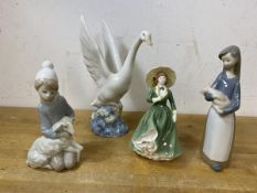 Two Lladro figures, one of girl holding piglet, measures 17cm high, a child holding a lamb, a Nao