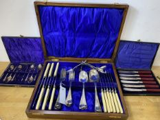 An Edwardian canteen with knives, having plastic handles, forks, spoons, canteen measures 7cm x 36cm