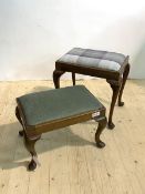 A walnut stool in the Georgian taste, early 20th century, the drop in tartan wool upholstered seat