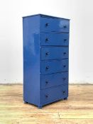 A small Edwardian blue painted chest, fitted with six drawers with turned ebonised pull handles,
