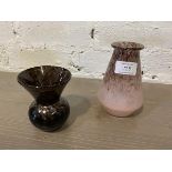 Two Monart style glass vases, one of thistle form, the other tulip - measures 14cm high (2)