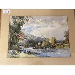 Jackson Simpson, River running through valley, watercolour, signed bottom left, measures 31cm x