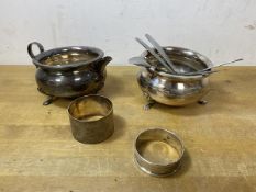 Two Birmingham silver napkin rings, combined weight of 38 grammes, an Epns milk jug and sugar