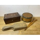 A mixed lot including 19thc hinged mahogany box with small quantity of sewing material, measures 7cm