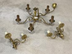 A brass four branch chandelier, with scrolled arms and faux candles, (H25cm, W59cm) together with