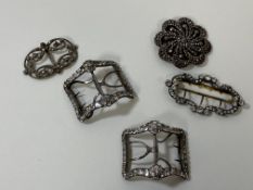 A group of three late 19th early 20thc buckles in 18thc style with paste diamonds to edges, two