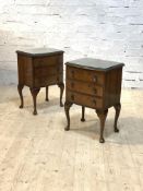 A pair of Queen Anne style burr walnut bow front bedside tables, each with three drawers raised on