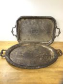 An oval Epns tray with handles to sides (65cm x 41cm) and a tray with raised with raised pierced