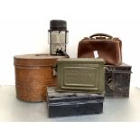 A mixed lot including oval tin hatbox, miniature doctor's bag, 30mm US ammo box etc. (6)