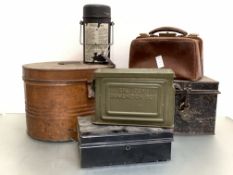 A mixed lot including oval tin hatbox, miniature doctor's bag, 30mm US ammo box etc. (6)