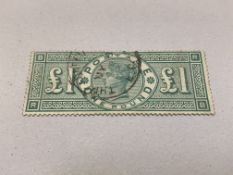 Stamp Interest:- 1887 £1 green, good appearance, a few wrinkles and possible ironed out crease