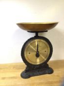 A Salter family scale, number 45, with brass dish, (28cm h excluding dish)