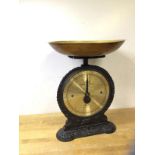 A Salter family scale, number 45, with brass dish, (28cm h excluding dish)