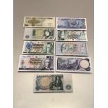 Bank notes UK 2 x £5 + 5 x £1 + Jerseny £1 + Poland 20 zkoty