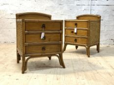 A pair of split cane, bamboo and basketwork bedside tables, circa 1970's, the ledge back over