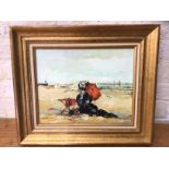 Daubin, woman reclining on French beach under parasol, oil, signed bottom left, inscriptions