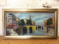 Dutch School, Amsterdam canal scene, oil, signed bottom right, (29cm x 60cm)