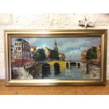 Dutch School, Amsterdam canal scene, oil, signed bottom right, (29cm x 60cm)