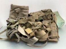 British military webbing, a box containing a mixed lot of belts, bags, gunslips etc.