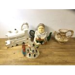 A group of four china teapots including a novelty Coronation Street Ena Sharples (24cm h), a