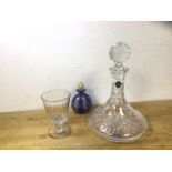 An Edinburgh crystal decanter of squat form (28cm h), a wine glass and polychrome scene bottle (3)