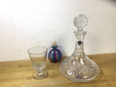 An Edinburgh crystal decanter of squat form (28cm h), a wine glass and polychrome scene bottle (3)