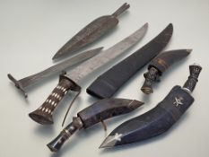 Afghan/Indian long bladed dagger, inlaid wooden handle with brass curved blade in leather scabbard