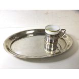 A continental oval tray marked 800 (24cm x 17cm) weighs 180 grammes, a demitasse cup marked J&C to