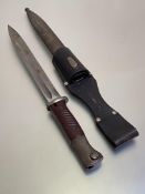 German M1884/98 III WWII Mauser bayonet with red/brown plastic grips in steel scabbard and leather