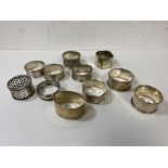 Nine silver napkin rings, combined weight 108 grammes, three unmarked