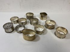 Nine silver napkin rings, combined weight 108 grammes, three unmarked