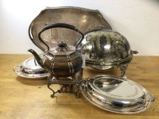 A quantity of Epns including kettle on stand, two serving dishes with lids, a dome top footed food