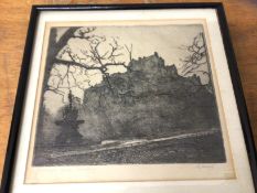 Edinburgh Castle at sunrise, etching, frame a/f (21cm x 22cm)