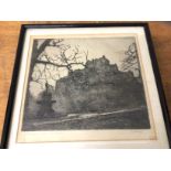 Edinburgh Castle at sunrise, etching, frame a/f (21cm x 22cm)