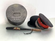 A mixed lot: police truncheon reinforced bowler hat and a circular officer's hat tin Captain FE