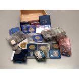 Coin and Note Interest:- A square wooden box containing world coins and many commemorative crowns