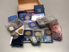 Coin and Note Interest:- A square wooden box containing world coins and many commemorative crowns