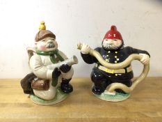 Two vintage novelty china teapots, one in the form of a fireman, label to base Roy Simpson for J
